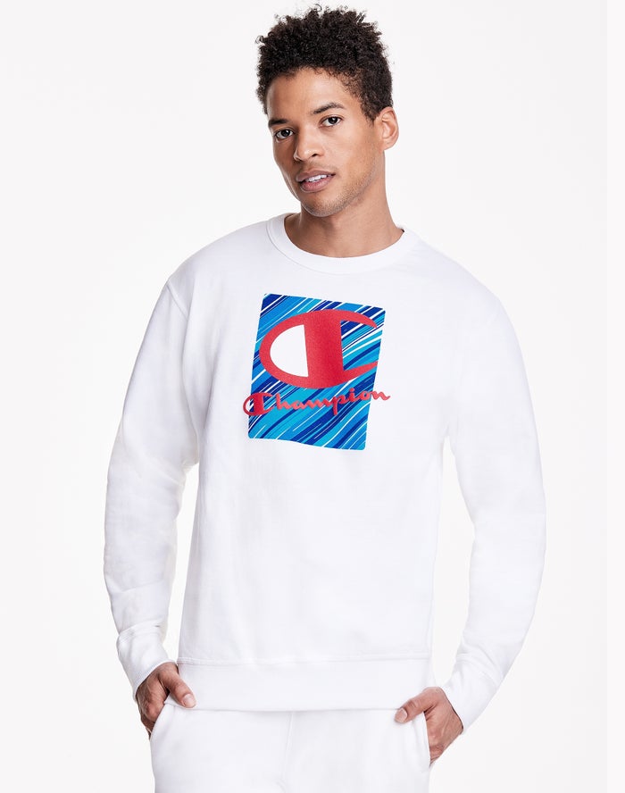 Champion Sweatshirt Heren - Wit - Powerblend Fleece Crew Inset Rectangle Logo  ( 106752-OKN )